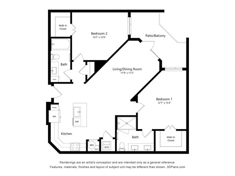 Floor plan for 2 beds, 2 baths, 1153 sqft